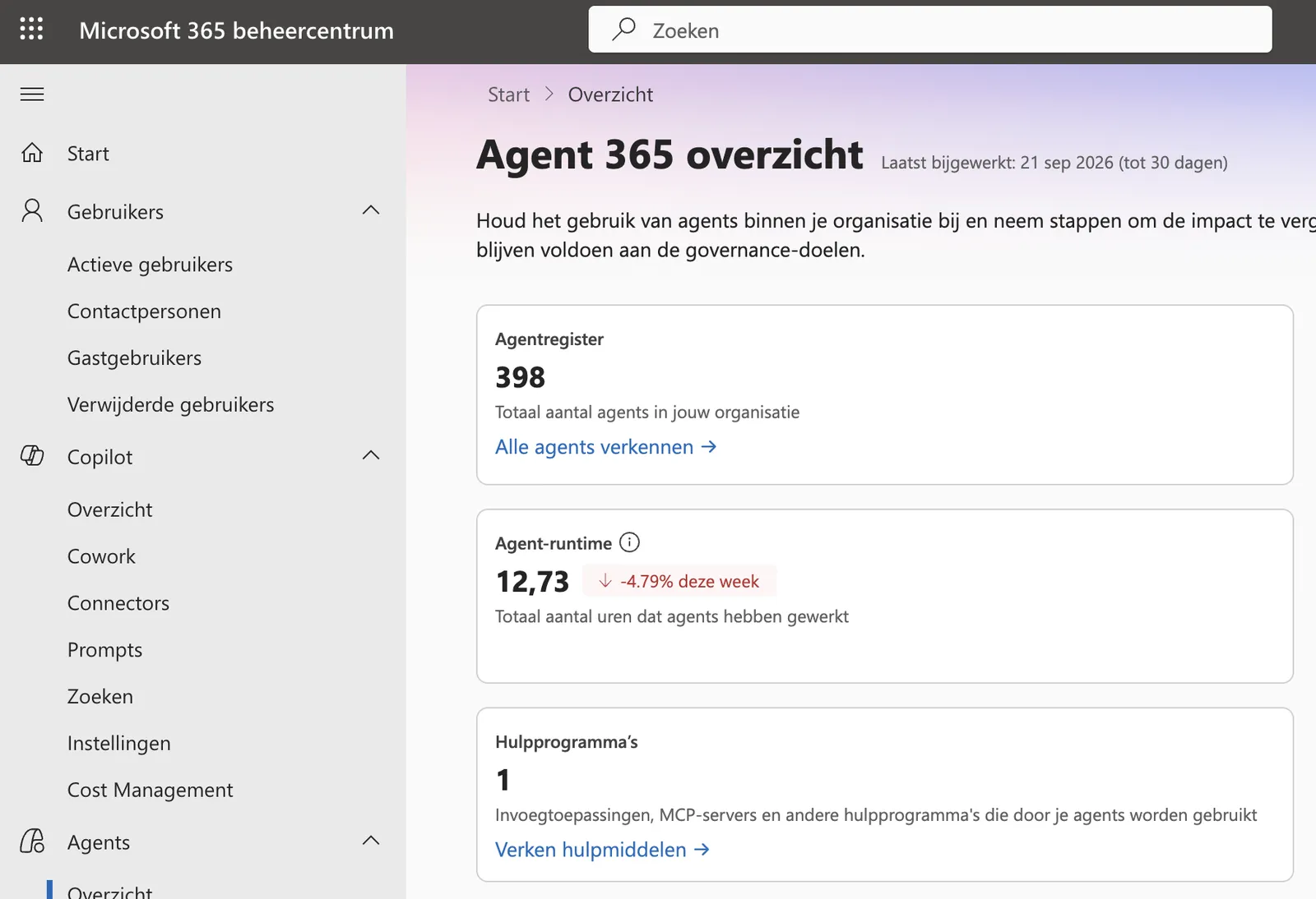 Het Agent 365-overzicht in het Microsoft 365-beheercentrum met het aantal agents in het agentregister