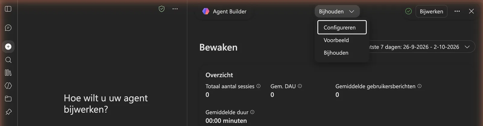 Het menu bovenaan in Agent Builder met Configureren, Voorbeeld en Bijhouden