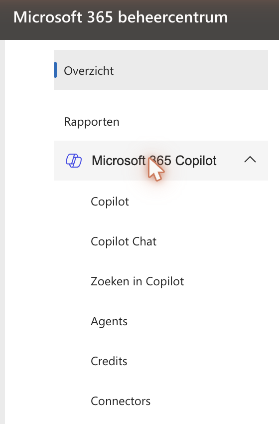 Het menu van de gebruiksrapporten in het Microsoft 365-beheercentrum, met onder Microsoft 365 Copilot de rapporten Copilot, Copilot Chat en Agents